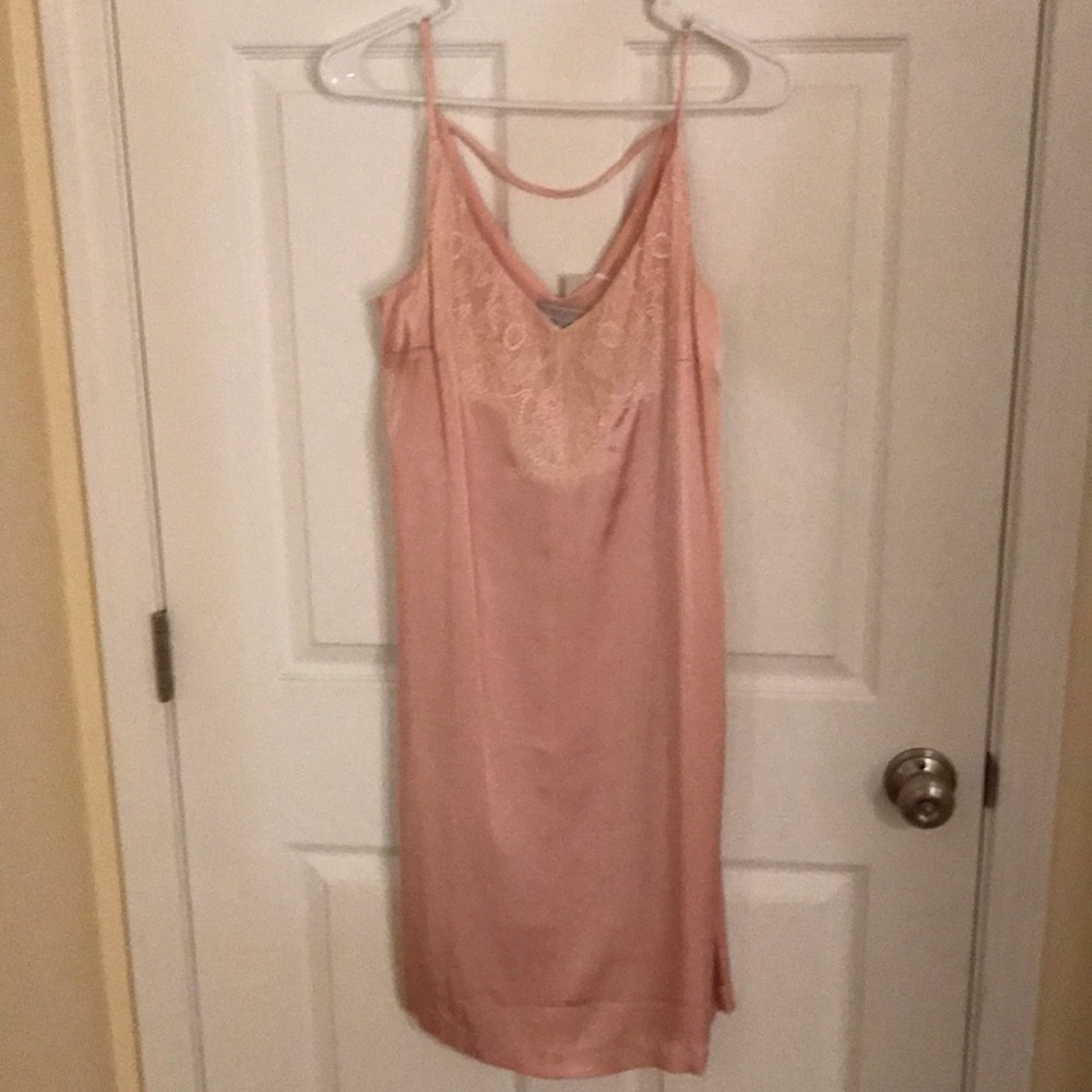 Long Pink Silk Dress with Lace Accent. Size M